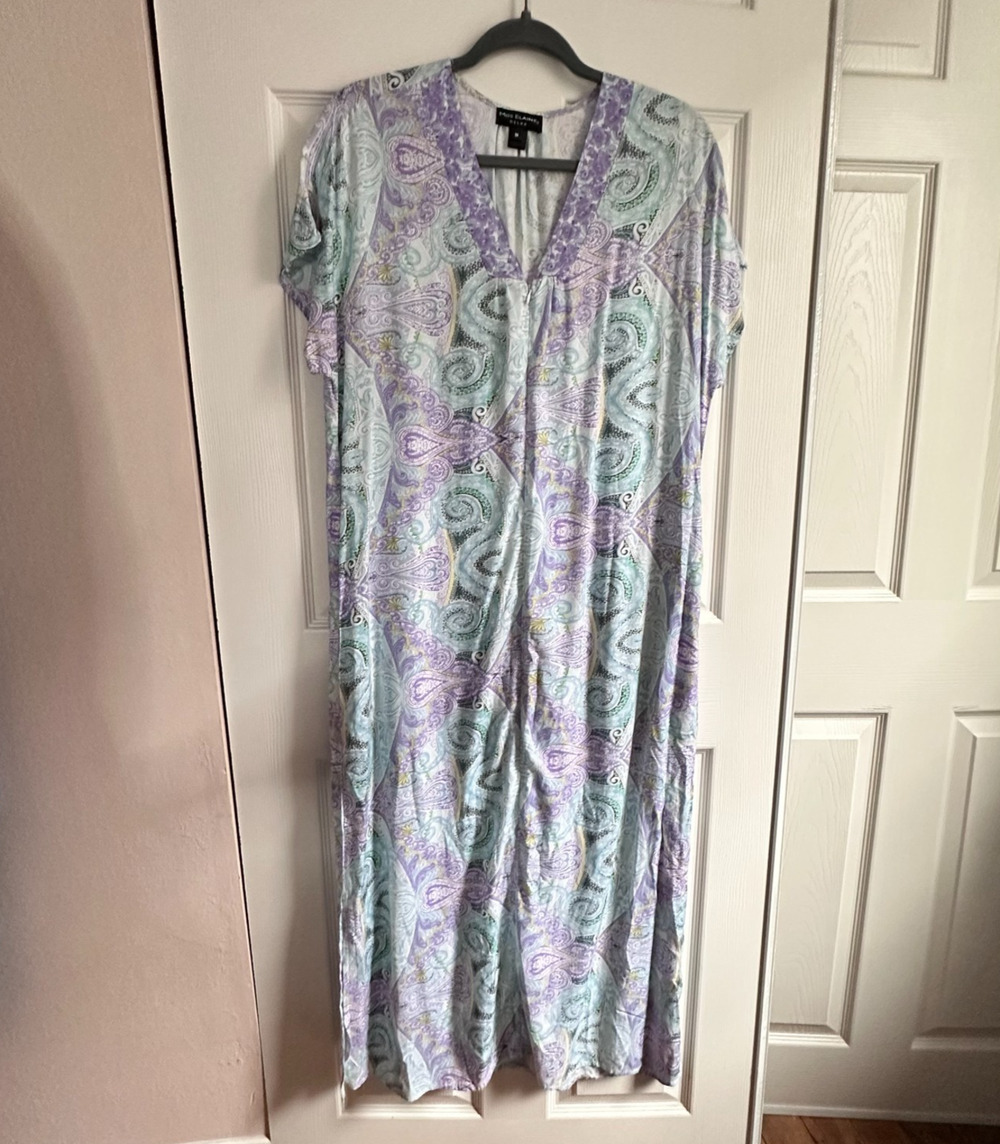 Miss Elaine Relax Short Sleeve Paisley Zip Up Long House Dress Nightgown Medium